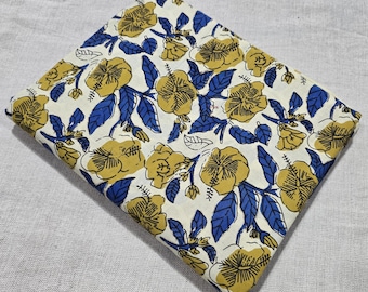 Yellow and Blue Floral Bagru Print Cotton Fabric | Indian Hand Block Printed Fabric | Bohemian Fabric by the Yard | Fabric For Crafting,gift