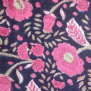 Pink Floral Print Fabric By The Yard-Indian Hand Block Printed Cotton Voile Fabric-Sewing Clothing Fabric Quilting and Crafting Fabric-Gift