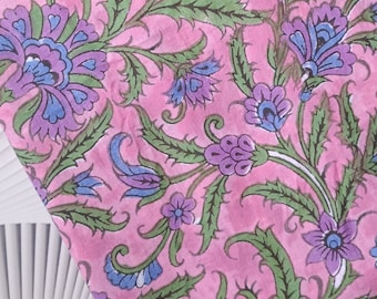 Pink, Blue Hand Block Print Floral Print Fabric, Cotton Fabric, Indian Fabric, fabric by yard, Hand Printed Cotton women's clothing, fabric