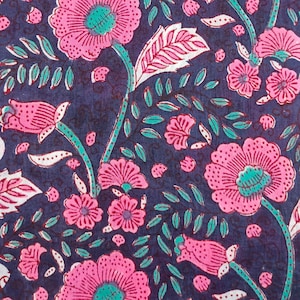 Pink Floral Print Fabric By The Yard-Indian Hand Block Printed Cotton Voile Fabric-Sewing Clothing Fabric Quilting and Crafting Fabric-Gift