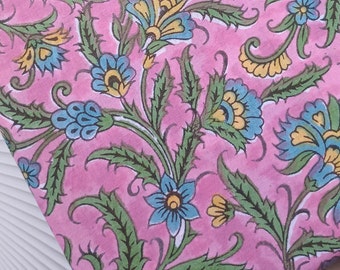 Beautiful Hand Block Print Fabric, Floral Print Cotton Fabric, Block Printed Indian Fabric Sold By Yard, Beautiful pink and blue Fabric