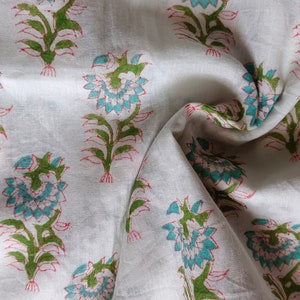 Green Flower print Soft Voile Cotton Fabric-Indian Hand Block Fabric-Fabric Sold By Yard-Hand Printed Fabric-Dress Fabric-Crafting Fabric