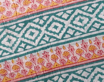 Multi color Beautiful Hand Block Printed Border Print Fabric, Cotton Fabric, fabric by yard, Block Printed Cotton women's clothing