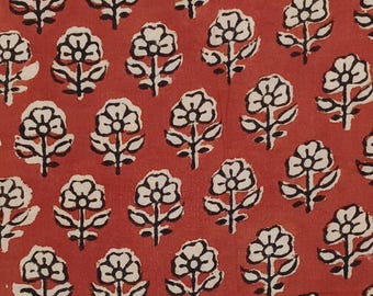 Indian Hand Block Print Cotton Fabric, Red and Cream Floral Motif Material by the Yard, Artisan Handprinted Textile for Clothing, Decor