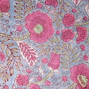 Pink Floral Print Fabric By The Yard-Indian Hand Block Printed Cotton Voile Fabric-Sewing Clothing Fabric Quilting, Crafting, Pillow cover