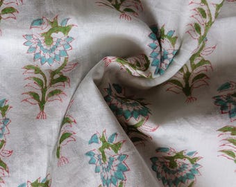 Tela de algodón voile suave con estampado de flores verdes - Tela india hecha a mano - Tela vendida cortada a medida - Tela estampada a mano - Tela para vestidos - Tela para manualidades