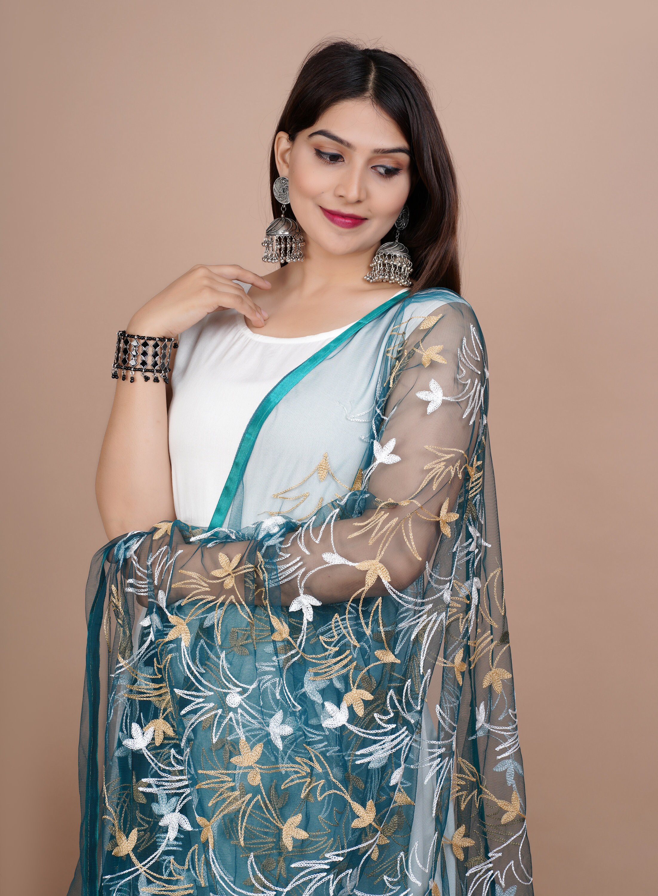 Indian White Vintage Dupatta Long Stole Hand Embroidered stole Pure Cotton Indian Scarves Veil Wrap Soft Floral