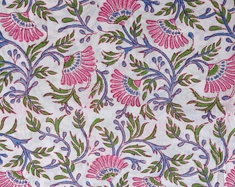 Hand Block Print cotton Fabric-pink and green floral Indian print fabric - 100% cotton Voile loose fabric-hand block fabric for Dress making