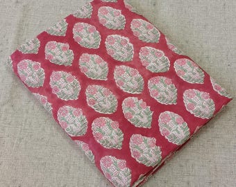 Vibrant Red Hand Block Print Fabric | Pink & Green Flower Pattern | Pure Cotton and Soft Material for Sewing, Crafting, Cushions , Curtains