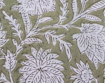 Indian Hand Block Print Cotton Fabric, Green Floral Material