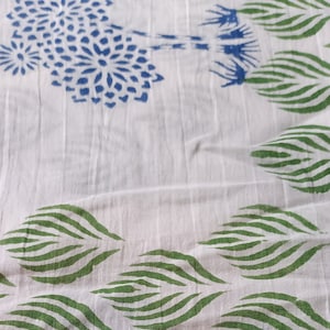Block Printed Cotton Fabric By the Yard Soft Cotton Summer Dress Fabric Indian Cotton Fabric Green & White color Sewing Crafting Quilting