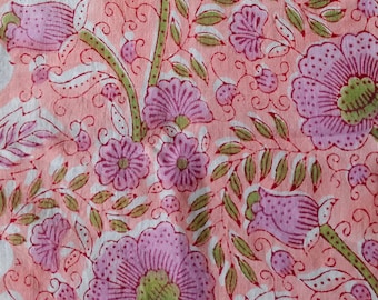 Floral Hand Block Print Cotton Voile Fabric, Indian Textiles By Yard