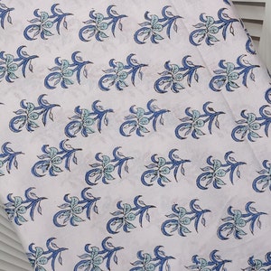Puede incluir: Tela blanca con un estampado floral repetitivo en tonos azules y turquesas. El diseño presenta flores y hojas estilizadas dispuestas simétricamente, creando una estética delicada. La tela parece ligera y adecuada para diversos proyectos textiles.