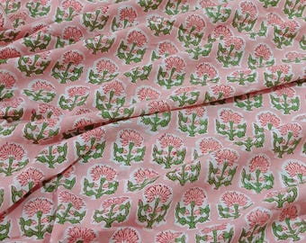 Pink & Green Floral Indian Block Print Cotton, Traditional Hand Stamped Craft Fabric, 100% Pure Cotton Fabric for Sewing, Pillow, Upholstery