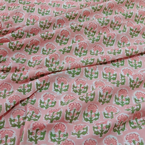 Pink & Green Floral Indian Block Print Cotton, Traditional Hand Stamped Craft Fabric, 100% Pure Cotton Fabric for Sewing, Pillow, Upholstery