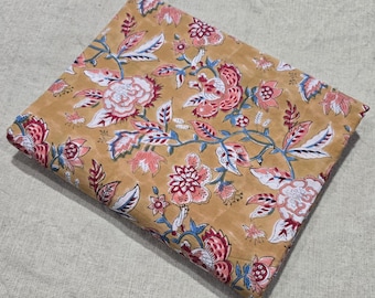 Indian Hand Block Print Fabric by the Yard | Kalamkari Print Cotton | Loose Cotton Fabric |  Boho Mustard Floral Fabric for Sewing, Dresses
