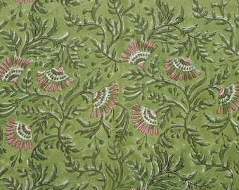 Tela de algodón orgánico verde con estampado a mano, tela floral india con tintes naturales cortada a medida, textil estampado a mano para costura y decoración.