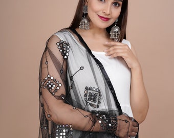 Indian Bollywood Solid  Designer Net Sequence Dupatta, Scarf, Shawl, Chunni Latest Wedding Women Dupatta with Matching Lace, Gift for Her