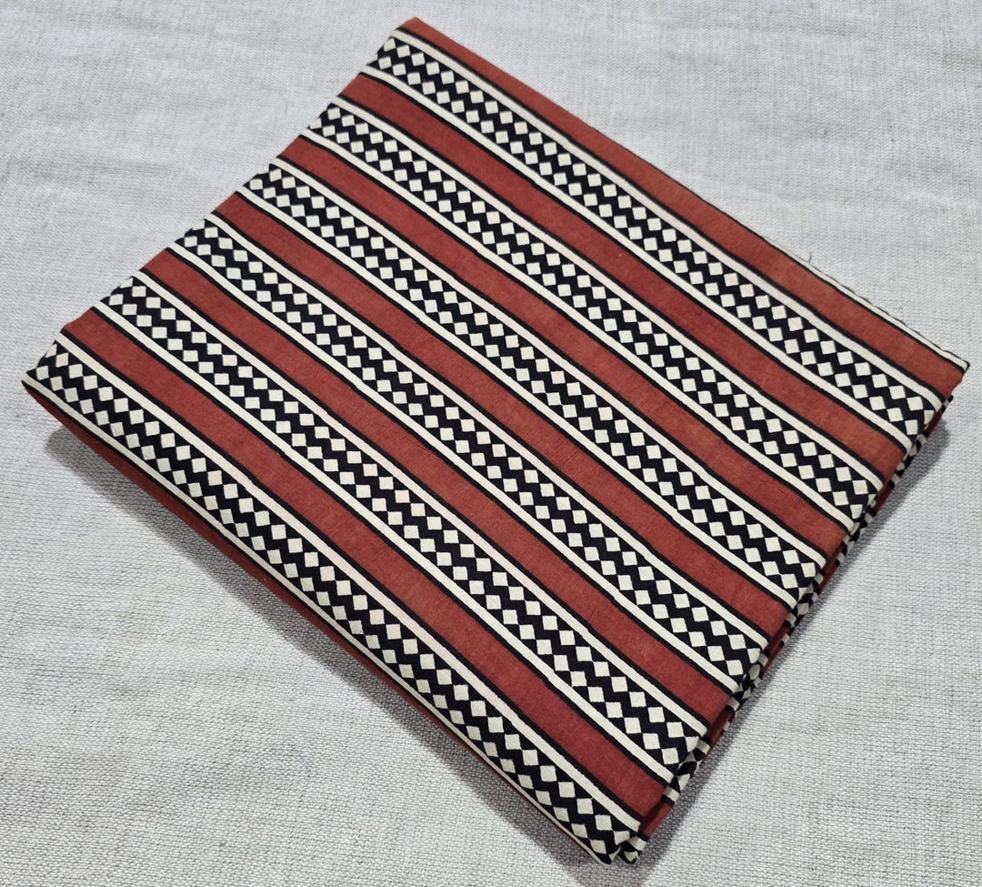 Hand Block Print Cotton Fabric | Red & Black Geometric Stripes Print ...
