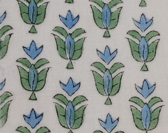 Green and Blue Lotus Hand Block Print Pure Cotton Fabric by Yard, Indian Floral Jaipuri Fabric for Sewing, Quilting, Summer Dress, Crafting