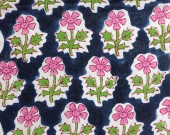 Pink Floral Print Fabric By The Yard-Indian Hand Block Printed Cotton Voile Fabric-Sewing Clothing Fabric Quilting, Crafting, Curtains, Gift