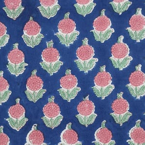 Hand Block Print Blue Cotton Fabric, Handmade Pink Floral Indian Jaipuri Fabric by the Yard, Handprinted Dressmaking Fabric Sewing Material