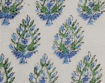 Hand Block Print Organic Cotton Fabric Blue Green Floral Motif Fabric by the Yard Soft Indian Cotton for Dressmaking Quilting Crafting, Gift