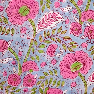Pink Floral Print Fabric By The Yard-Indian Hand Block Printed Cotton Voile Fabric-Sewing Clothing Fabric Quilting, Crafting, Pillow cover