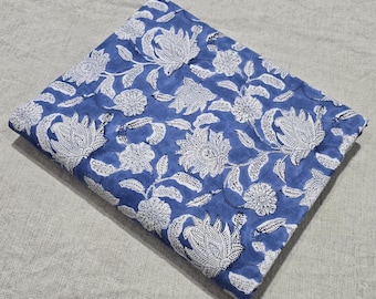 Handmade Floral Block Print Fabric, Blue Vintage Botanical Pattern • Hand Stamped Printing, Pure cotton Voile fabric for Home Decor, Cushion