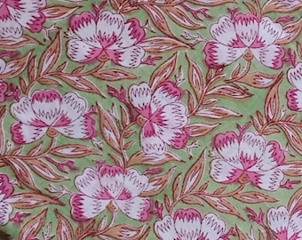 Hand Block Print Cotton Fabric, Floral Indian Textile, By The Yard