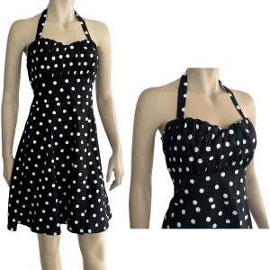 Womens 50&#39;s Retro Rockabilly Polkadot Dress Sundress, A-line, Halter with Sweetheart Neckline - Black