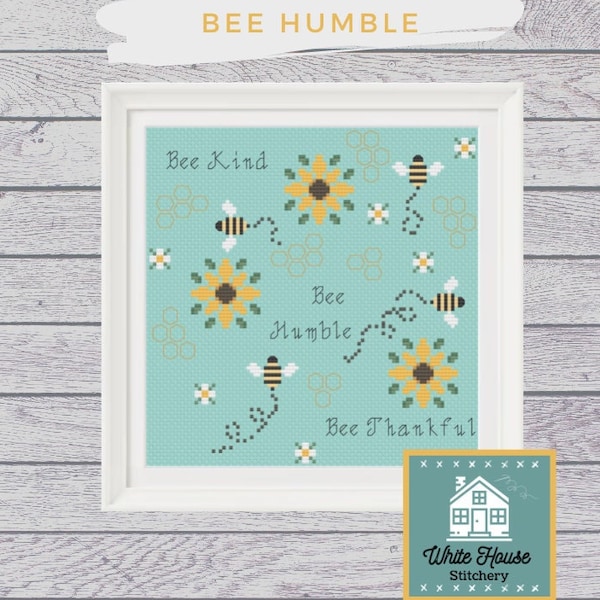 PATTERN-Bee Humble-Cross Stitch Pattern-bee, bumble, buzz, flower, honey comb, humble, kind, thankful