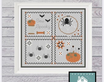 May include: A cross stitch pattern featuring a spooky Halloween theme with a pumpkin, spiders, bats, and the text "Sew Spooky". The pattern is designed by White House Stitchery.