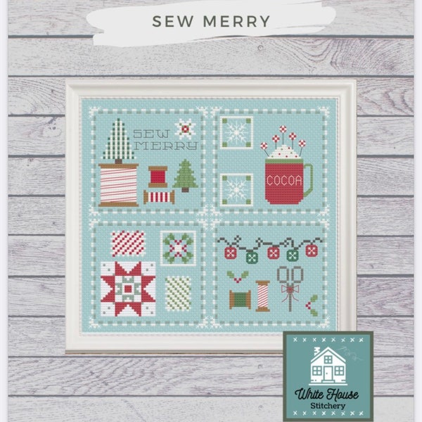 PATTERN-Sew Merry-Cross Stitch Pattern- tree, spools, quilt, cocoa, scissors, holly, pincushion