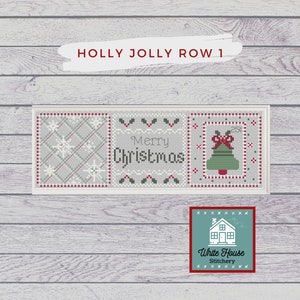 May include: A cross-stitch pattern sampler with three sections. The first section is a plaid pattern with white snowflakes on a red and white background. The second section says "Merry Christmas" in green lettering with holly leaves. The third section is a red and white Christmas tree with a red bow and the number 25. The pattern is framed with a white border. The bottom of the image has a logo that says "White House Stitchery".