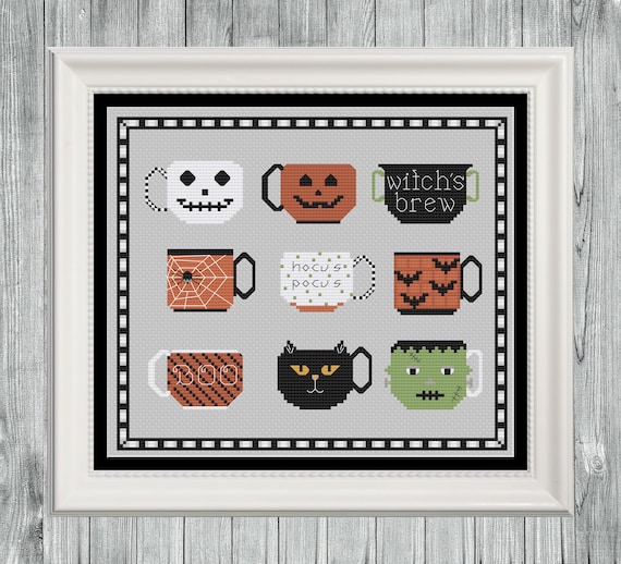 Patternspooky Cupscross Stitch Patternhalloween Bats Cat Etsy