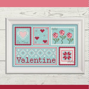 Peut inclure: Modèle de point de croix avec un motif bleu et blanc avec des accents rouges. Le motif comprend des cœurs, des fleurs et le mot "Valentine". Le titre "Sending Love" est en haut de l'image et le texte "WhiteHouseStitchery" est en bas.