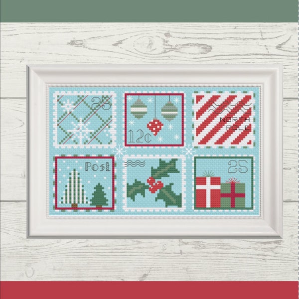 PATTERN-Sending Christmas Cheer-Cross Stitch Pattern- holly, tree, ornament, snowflake, candy cane, presents, plaid, stamps