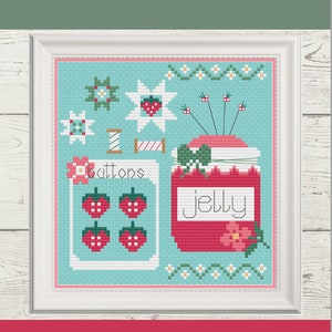 MÖNSTER - Jordgubbsstygn - Korsstygnsmönster - jordgubb, quilt, blommor, rutigt mönster, nålkudde, sylt, spole, knapp