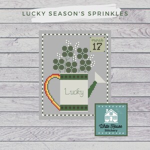 PATROON-Lucky-Season's Sprinkles-Cross Stitch Pattern-St Patrick's Day, tuin, gieter, klavers, regenboog, gipskruid
