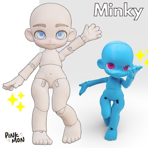 Puede incluir: Se muestran dos muñecas articuladas, una beige y otra azul. La muñeca beige es un dibujo, mientras que la muñeca azul está impresa en 3D. Ambas muñecas tienen ojos grandes y están en poses dinámicas. La palabra "Minky" está escrita.