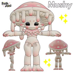 Puede incluir: Una figura de Mushy rosa claro y blanco con cabeza de hongo y cuello con volantes. La figura tiene un diseño estilizado con una cara linda y brazos extendidos. La palabra "Mushy" está escrita en negro encima.