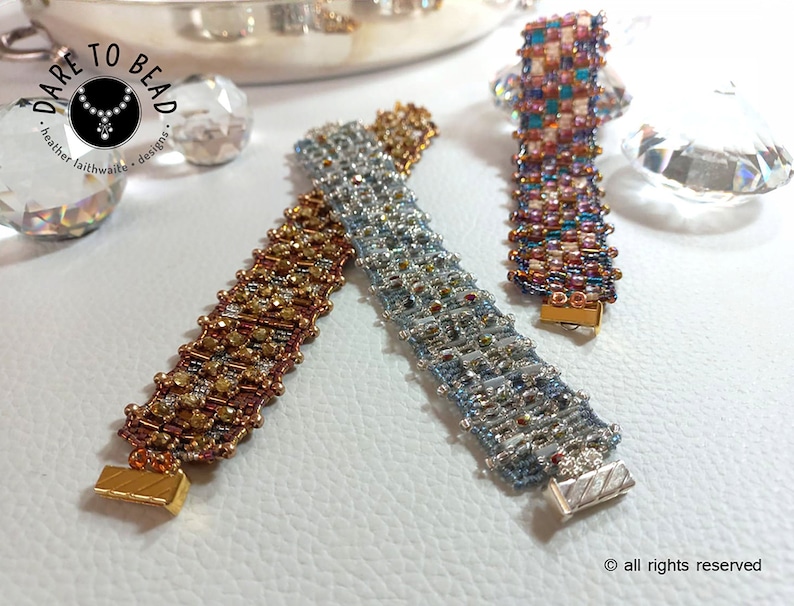 May include: Three beaded bracelets with gold and silver clasps. The bracelets are made with different colored beads in a checkered pattern. The bracelets are on a white surface. "Dare to Bead - heather faithwaite - designs" is written on a tag in the background.