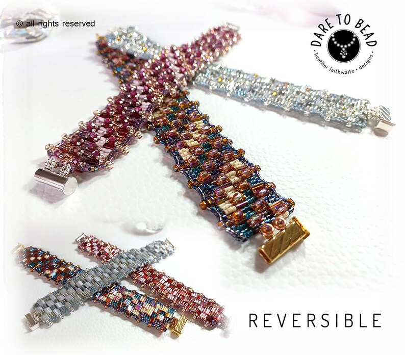 May include: Three reversible beaded bracelets with silver and gold clasps. The bracelets are made with a variety of colors, including pink, purple, blue, and white. The bracelets are arranged in a cross pattern on a white surface. The text "REVERSIBLE" is printed in black at the bottom of the image.