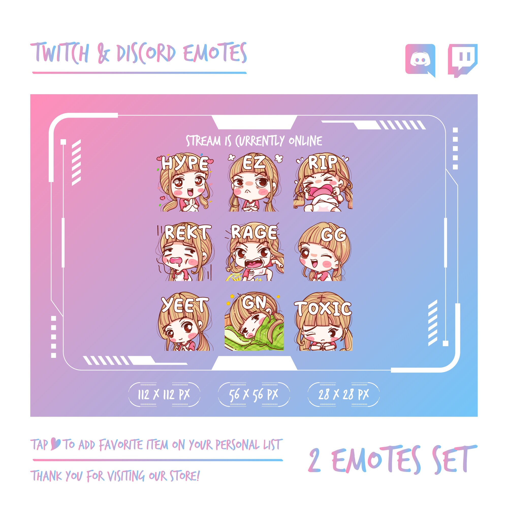 Cute Pretty Girl Emot Twitch Emotes Wear Pink T Shirt Chibi Etsy