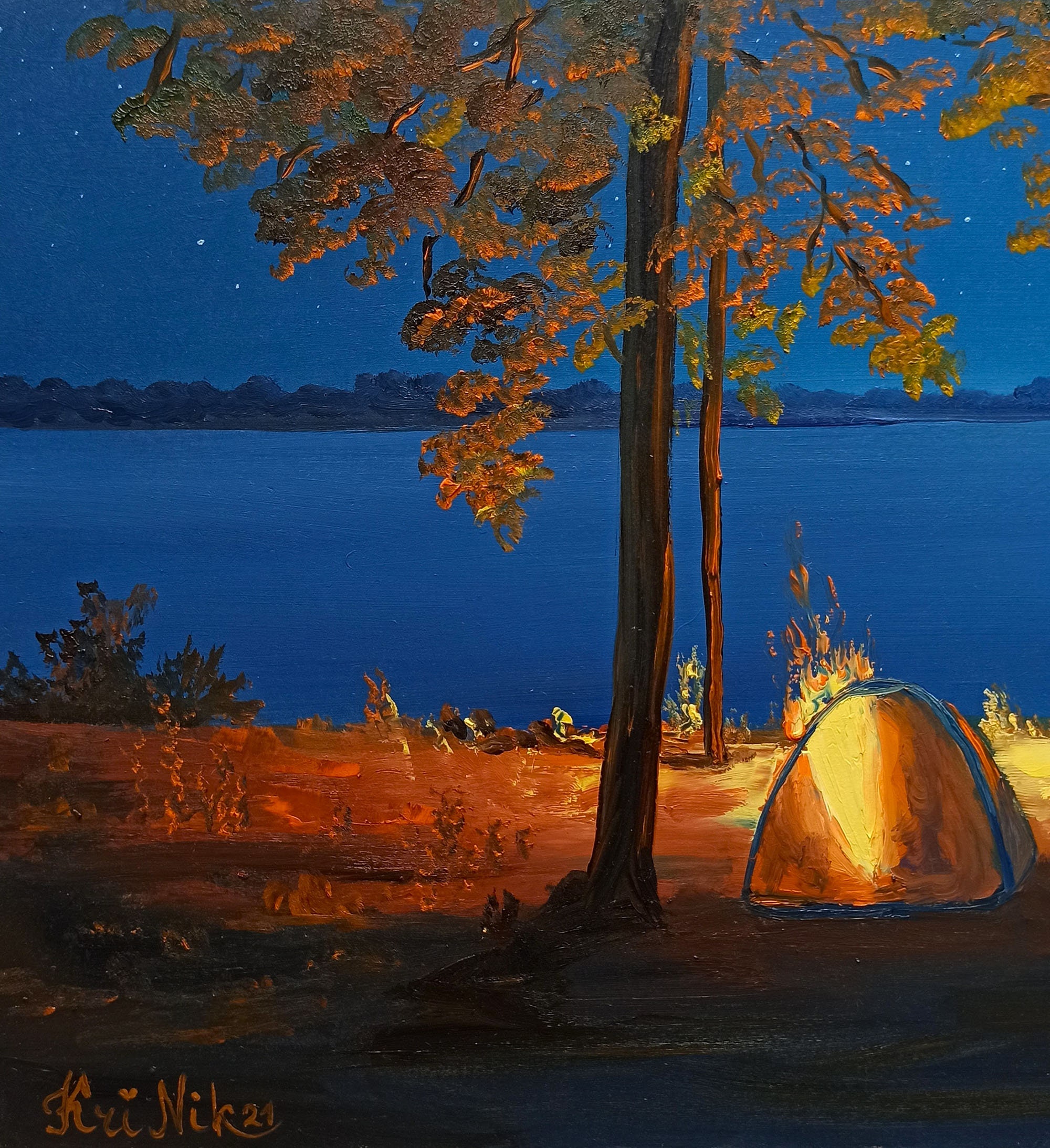 Campfire Painting Camping Artwork Impasto Forest Lake Etsy