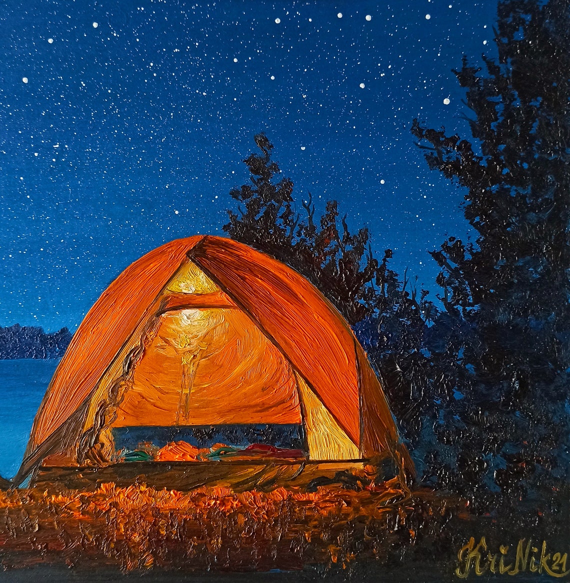 Camping Painting Starry Night Artwork Tent Original Art 8 by Etsy