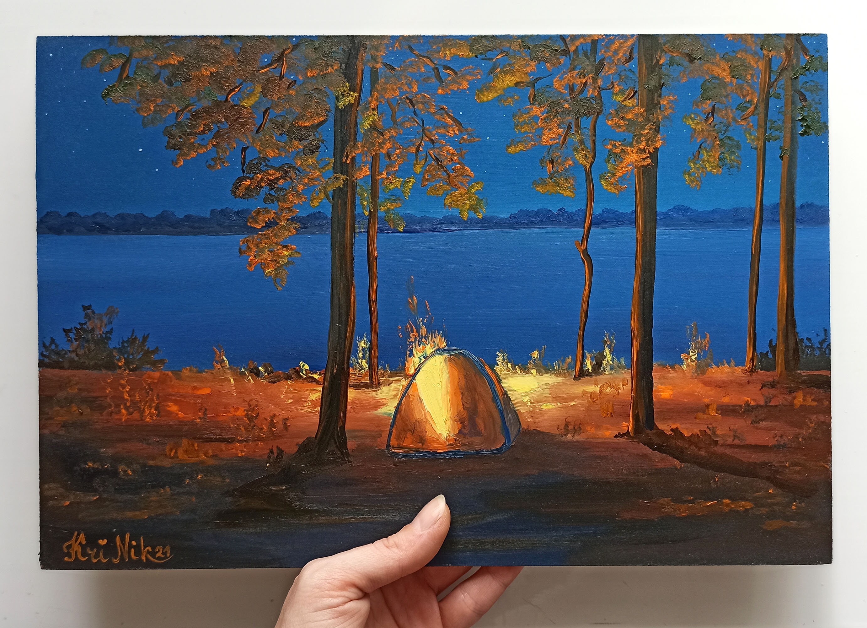 Campfire Painting Camping Artwork Impasto Forest Lake Etsy