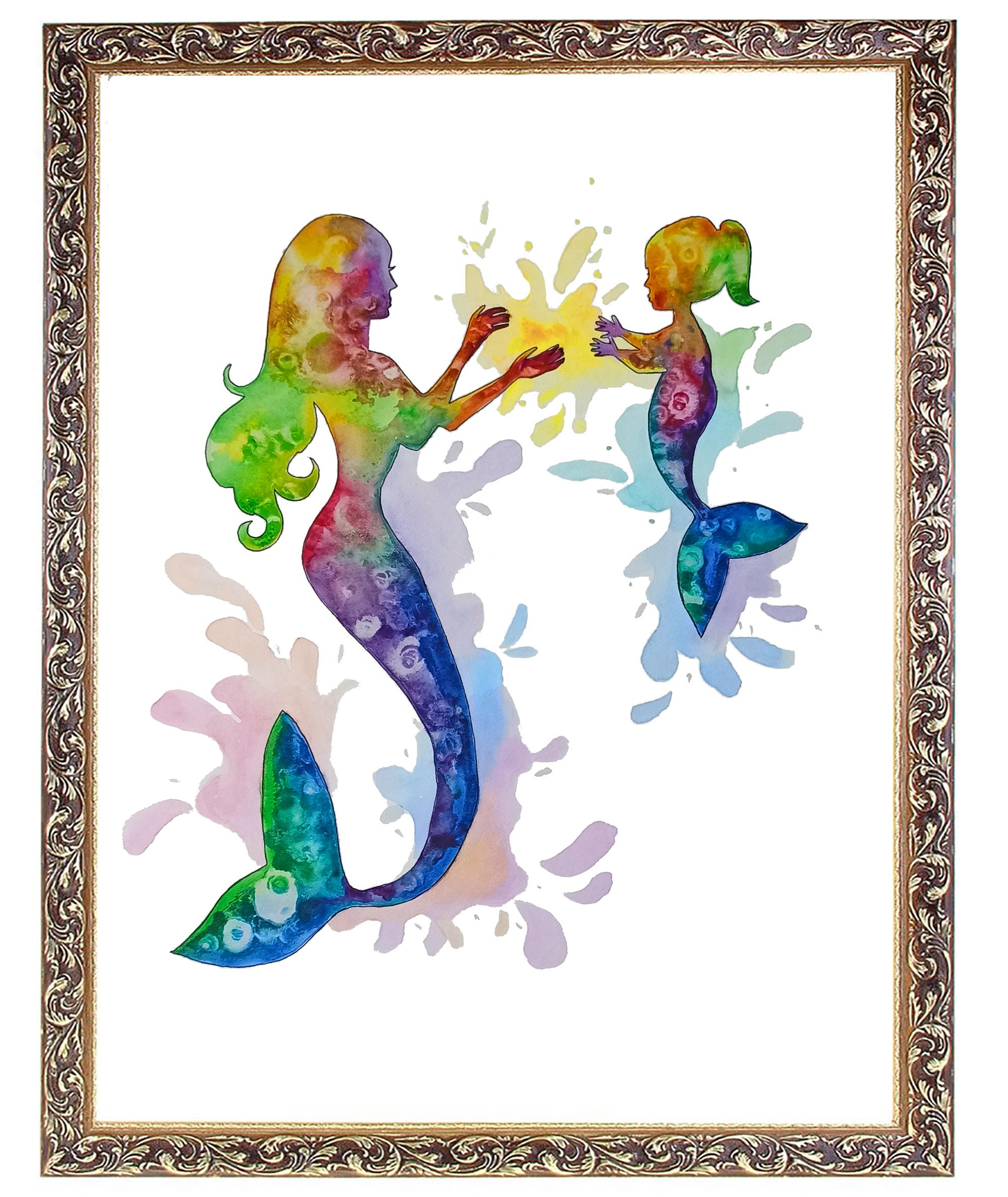 Mother Daughter Art Mermaid Painting Watercolor Original Art | Etsy