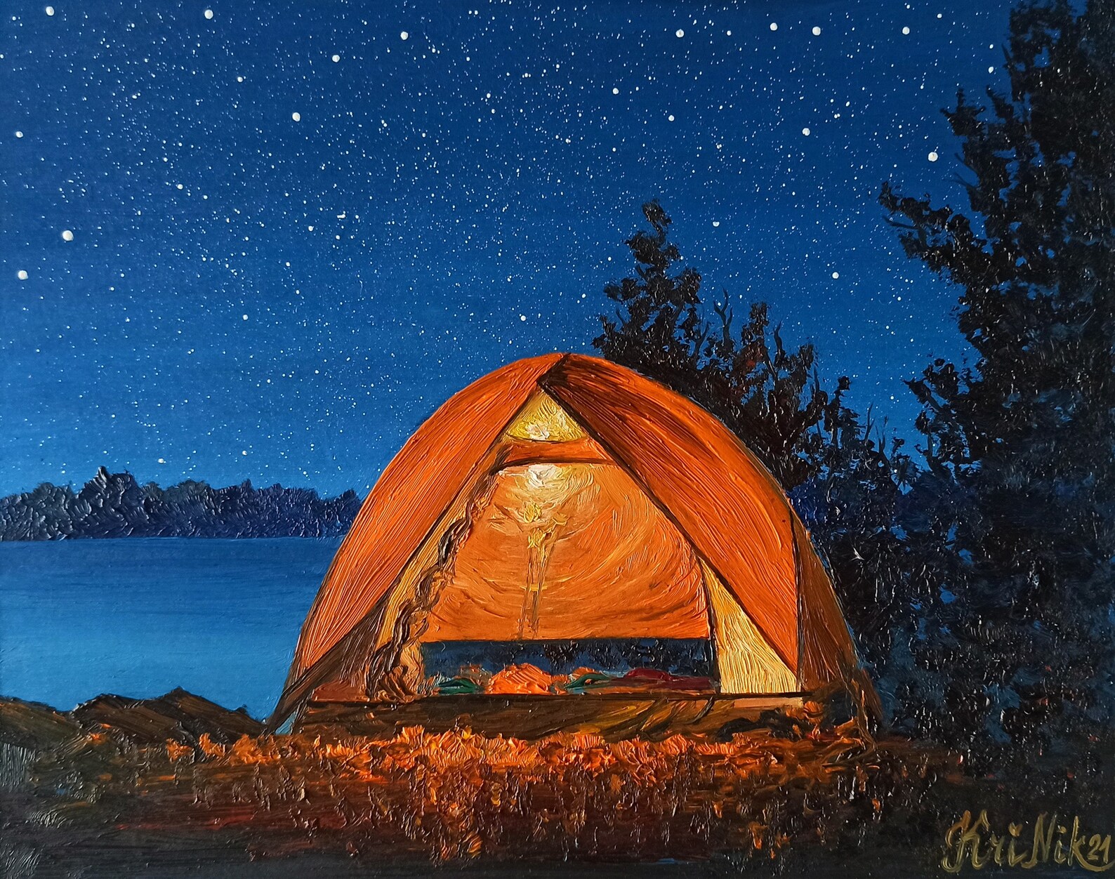 Camping Painting Starry Night Artwork Tent Original Art 8 by Etsy